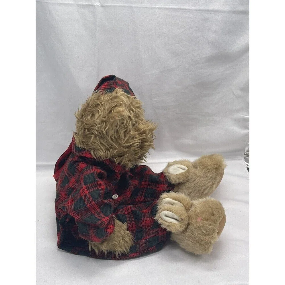 Vintage Teddy Bear in Plaid PJ bunny slippers sleeping cap red Stuffed Animal